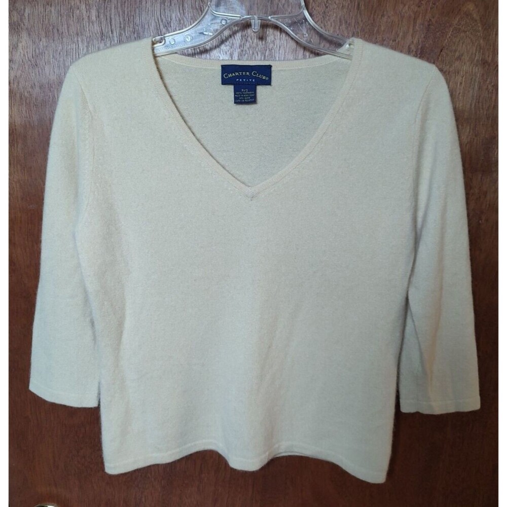 Charter Club Petite size P/S 100% cashmere yellow V-neck sweater 3/4 sleeves